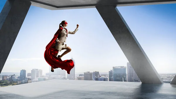 Young Confident Businesswoman Wearing Red Cape Levitate Air Mixed Media — Stock Photo, Image