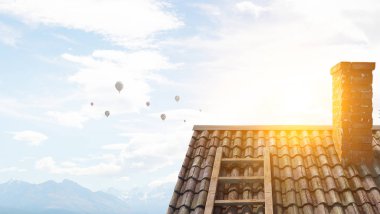 Ev tuğla çatı. Karışık teknik