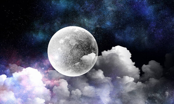 Full moon planet over dark starry sky