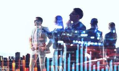 İş adamları ve modern cityscape beyaz üzerine çift pozlama. Karışık teknik