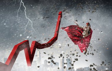 Süper kadın gökyüzünde. Karışık teknik