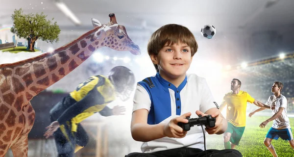 Boy playing a video game. Mixed media — Stock Photo, Image