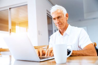 Adam evde dizüstü bilgisayarla çalışıyor.