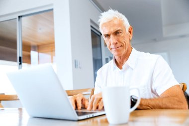 Adam evde dizüstü bilgisayarla çalışıyor.