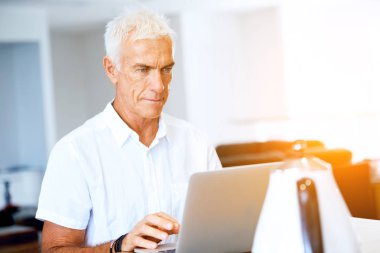 Adam evde dizüstü bilgisayarla çalışıyor.