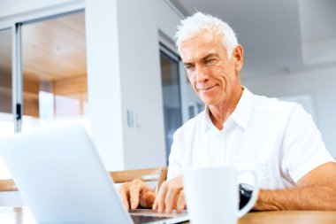 Adam evde dizüstü bilgisayarla çalışıyor.