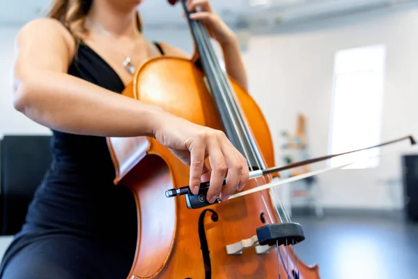 Närbild av cello med rosett i händerna — Stockfoto