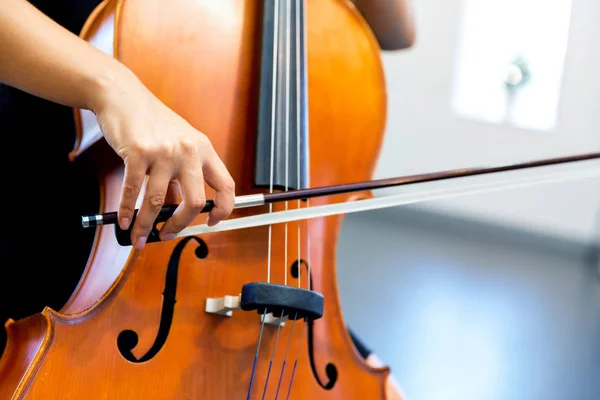 Close up de violoncelo com arco nas mãos — Fotografia de Stock