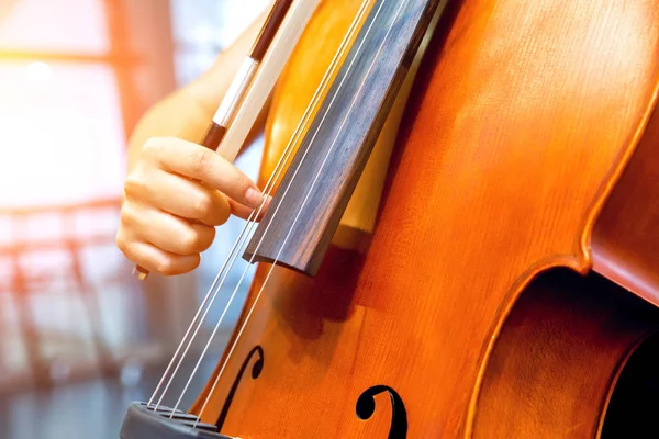 Close up of cello with bow in hands — Stock Photo, Image