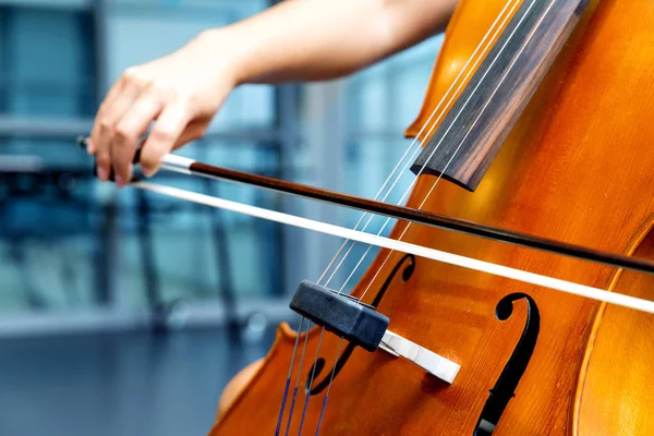 Gros plan du violoncelle avec archet dans les mains — Photo