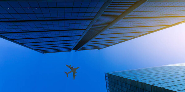 Bottom angle view of airplane in sky over city buildings