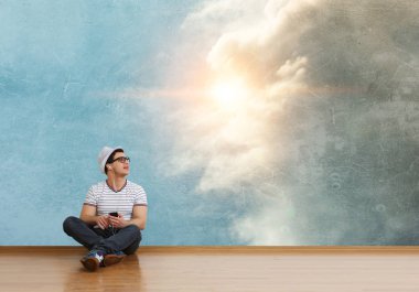 Adam müzik keyfini çıkarın. Karışık teknik