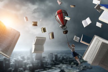 Kız gökyüzünde uçmak. Karışık teknik