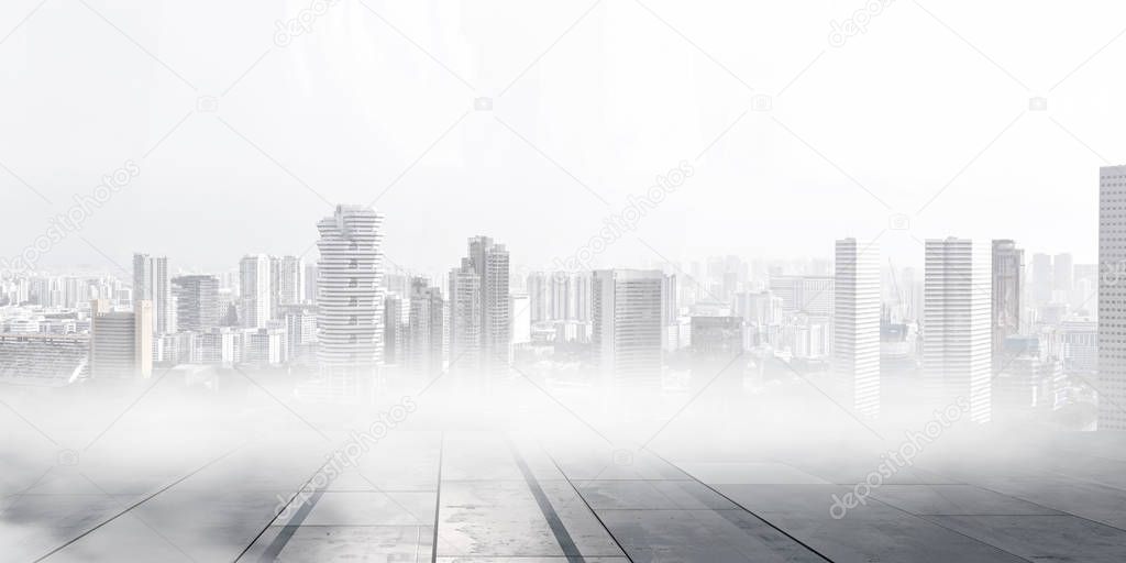Foggy modern city . Mixed media