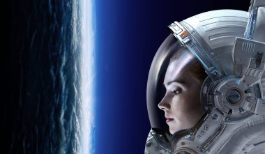 Gezegen yörüngesinde uzayda kadın astronot.