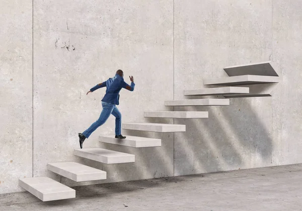 Black businessman climbing stone stairs illustrating career development and success concept. Mixed media — Stock Photo, Image