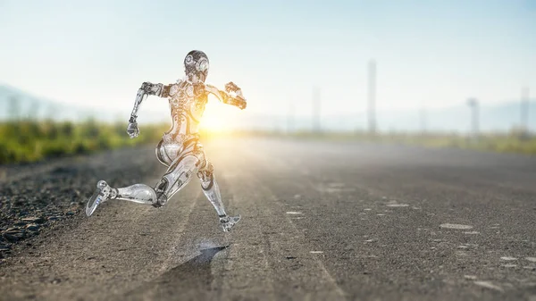 Cyborg silver running woman. Mixed media — Stock Photo, Image