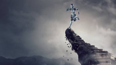 Cyborg gümüş koşu kadını. Karışık ortam