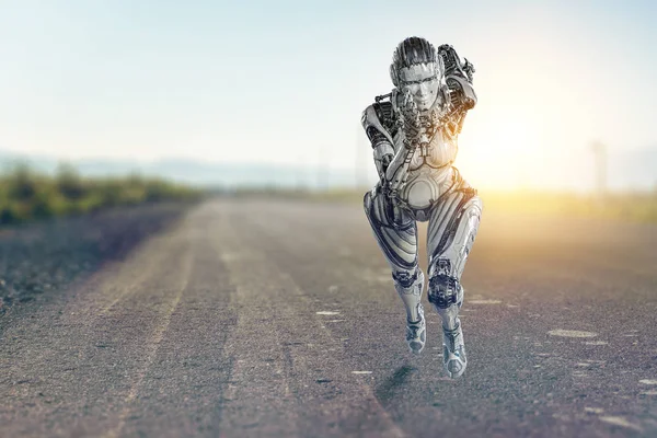Cyborg mujer de plata corriendo. Medios mixtos — Foto de Stock