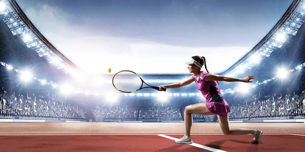 Young woman playing tennis in action. Mixed media — Stock Photo, Image