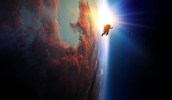 Διαστημάνθρωπος και πλανήτης, ανθρώπινη έννοια στο διάστημα — Φωτογραφία Αρχείου