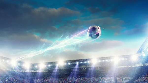Football stadium background with flying ball — Stock Photo, Image