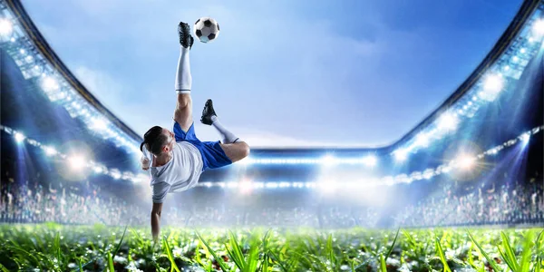Soccer player on stadium in action. Mixed media — Stock Photo, Image