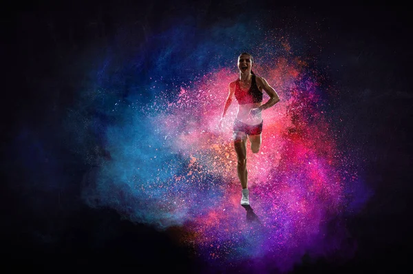 Fast running young woman. Mixed media — Stock Photo, Image