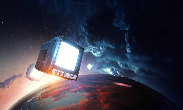 Retro TV flying in space — Stock Photo, Image