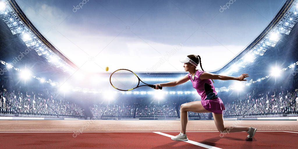 Young woman playing tennis in action. Mixed media
