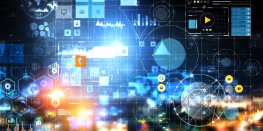 Teknik ayarları, bağlantıları, rakamları, yüzdeyi, ağı gösteren şemalar ve grafikleriçeren renkli dijital grafik