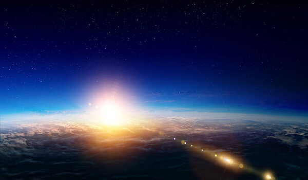 Sunrise on planet orbit, space beauty