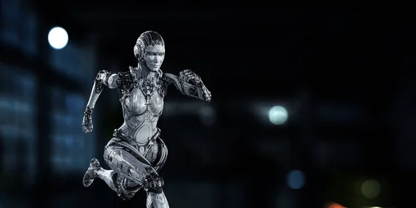 Cyborg zilver lopende vrouw. Gemengde media — Stockfoto