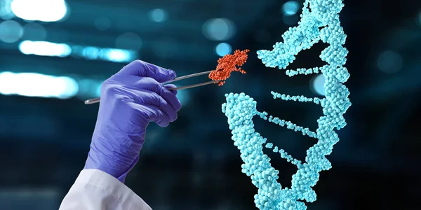 Desenho de moléculas de DNA com pinça de mão médica. Meios mistos — Fotografia de Stock