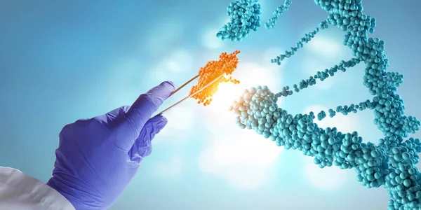 Desenho de moléculas de DNA com pinça de mão médica. Meios mistos — Fotografia de Stock