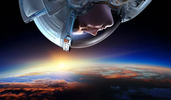 행성 궤도에 공간에서 여성 우주비행사. — 스톡 사진