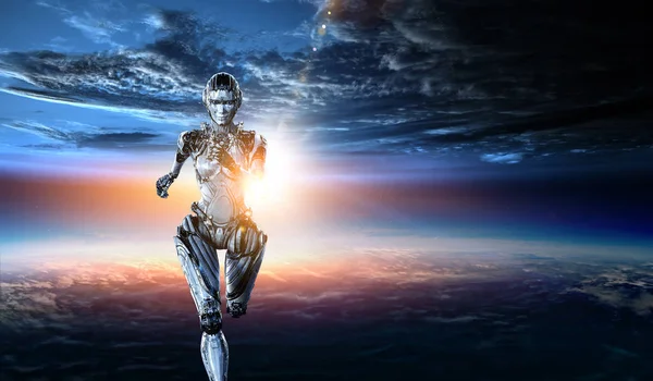 机器人银跑步的女人。混合媒体 — 图库照片