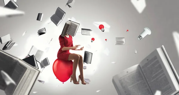 Book headed woman in red dress — Stock Photo, Image