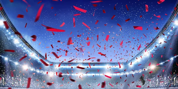 Football stadium background with flying confetti — Stock Photo, Image