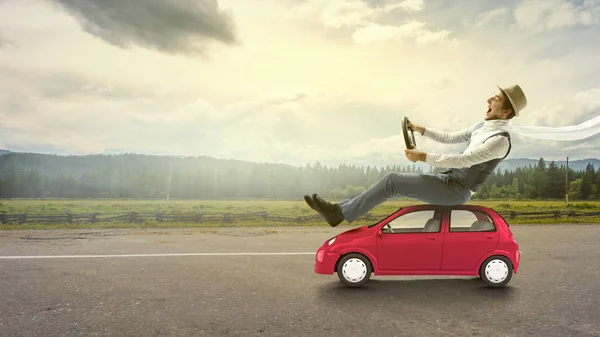 Happy travelling on toy vehicle — Stock Photo, Image