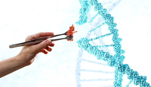 Kadın eli kıskacı olan DNA molekülleri dizaynı. Karışık ortam — Stok fotoğraf