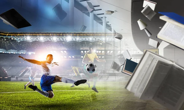 Soccer players on stadium in action. Mixed media — Stock Photo, Image