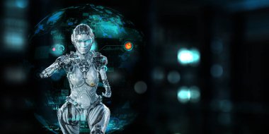 Cyborg gümüş koşu kadını. Karışık ortam