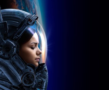 Gezegen yörüngesinde uzayda kadın astronot.