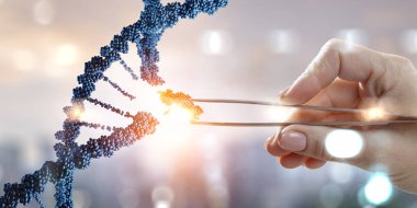 Kadın eli kıskacı olan DNA molekülleri dizaynı. Karışık ortam