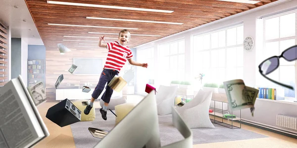 Lindo niño feliz saltando. Medios mixtos —  Fotos de Stock