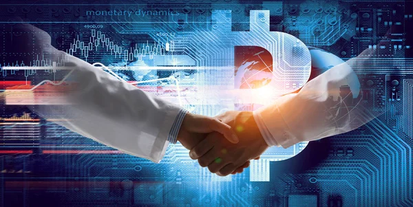 Business handshake by a man and a woman. Mixed media — Stock Photo, Image