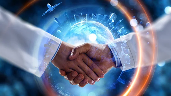 Business handshake by a man and a woman. Mixed media — Stock Photo, Image