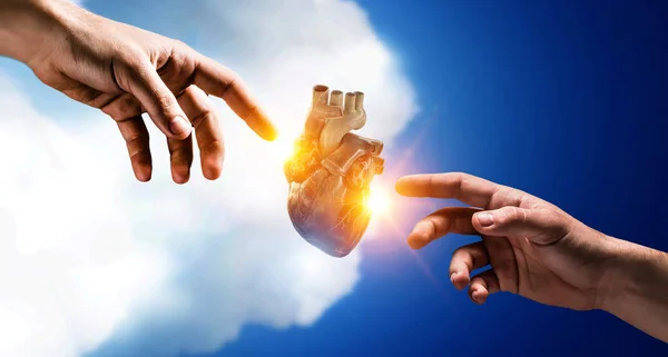 Le mani dell'uomo mostrano un modello anatomico di cuore. Mezzi misti . — Foto Stock