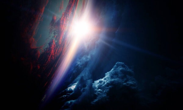 Abstract planets and space texture with sunrise and clouds